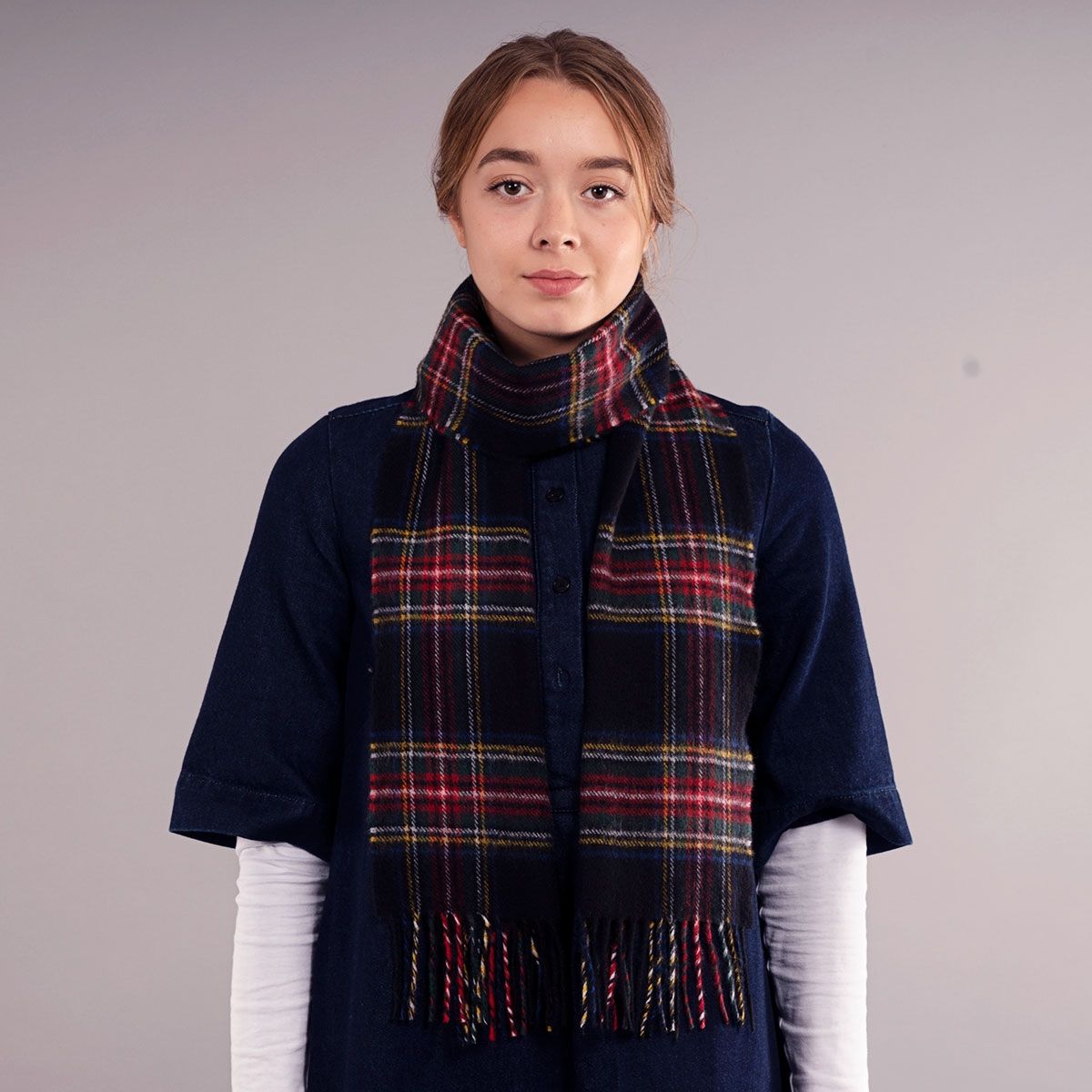 Stewart Black Modern Tartan Lambswool Scarf